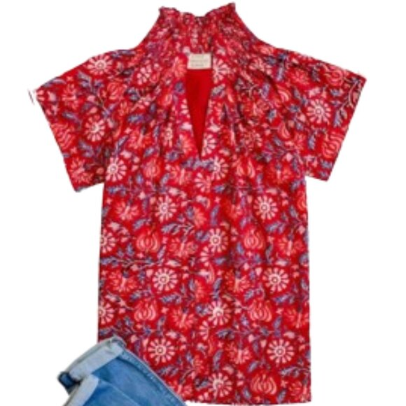 Rungolee Kiki Floral Block Print Pop Over Blouse Red/Pink Size XS - Picture 1 of 10